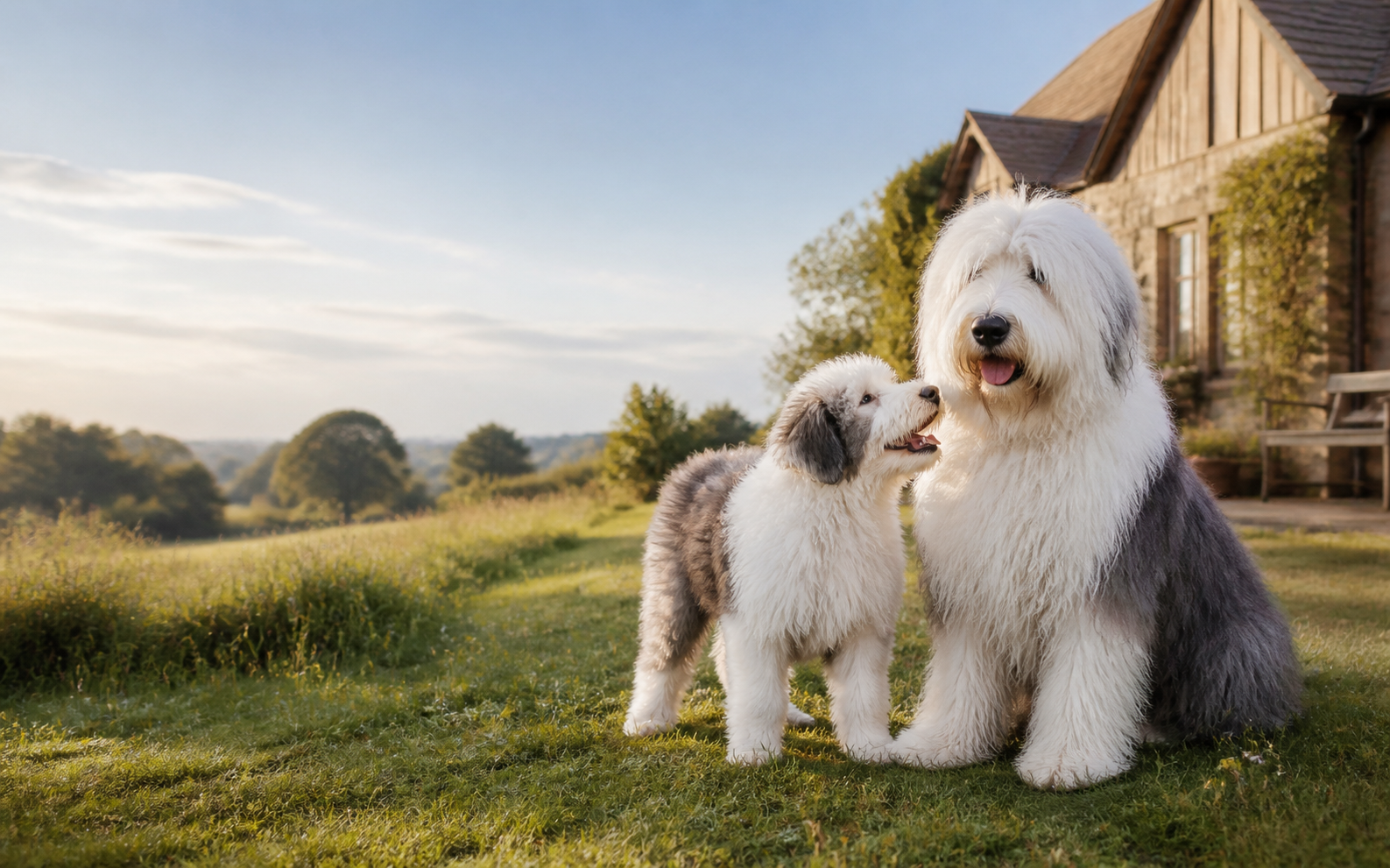 An adult Old English Sheepdog and puppy together in a sunny meadow